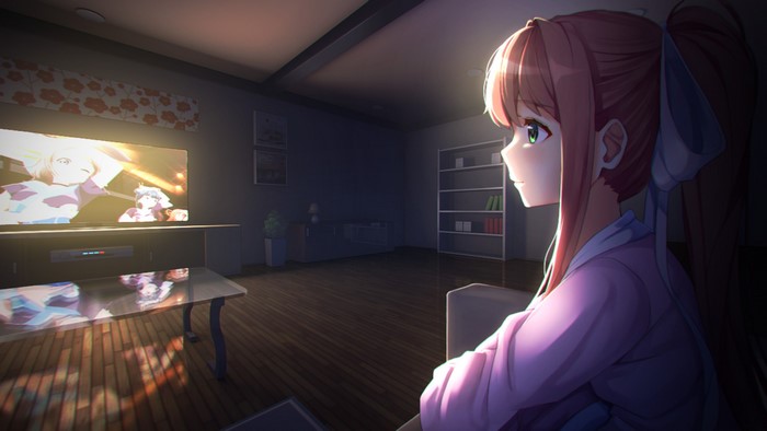 Monika from Doki Doki Literature Club! watching TV