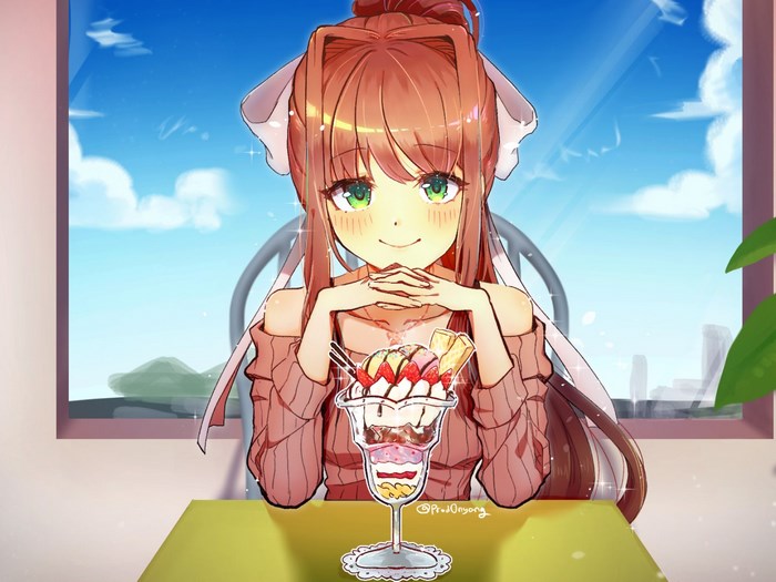 Monika from Doki Doki Literature Club! with a parfait