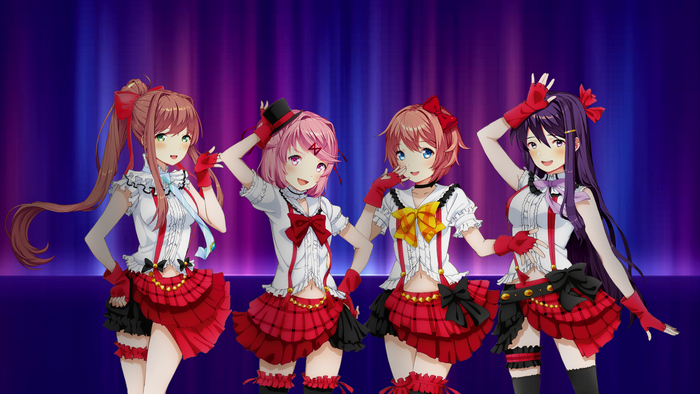 Four girls from Doki Doki Literature Club in stage outfits