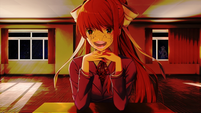 Monika from Doki Doki Literature Club! in a room
