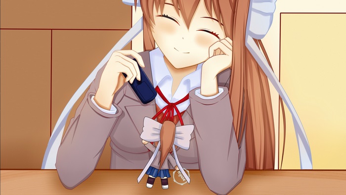 Monika from Doki Doki Literature Club! holding a phone