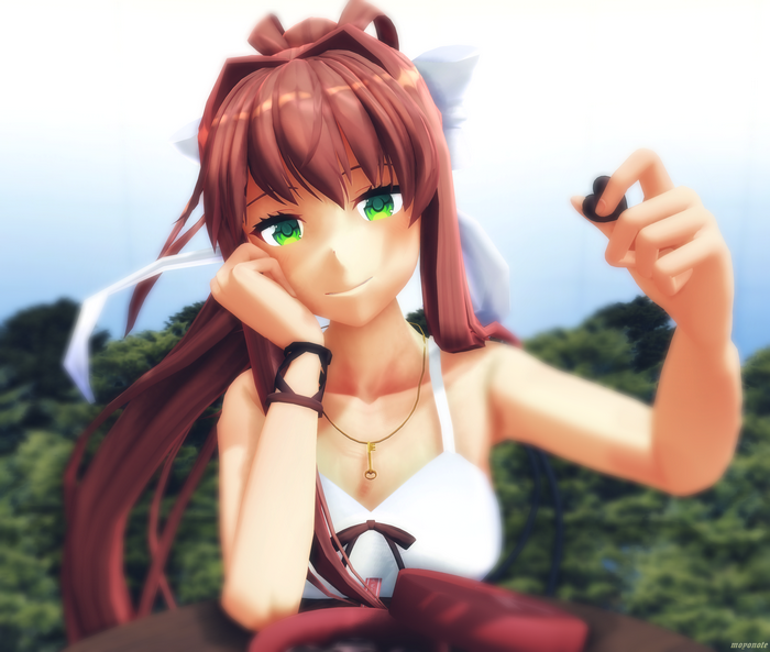 Monika from Doki Doki Literature Club! holding a heart