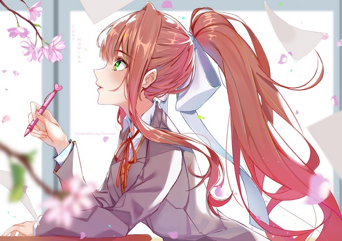 Monika from Doki Doki Literature Club! holding a pen