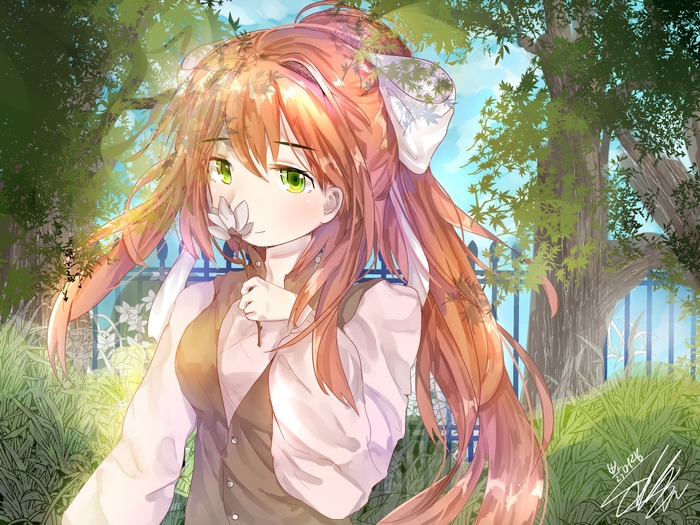 Monika from Doki Doki Literature Club! in a garden