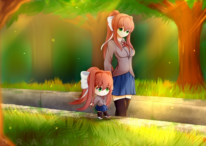 Monika from Doki Doki Literature Club in Serene Forest