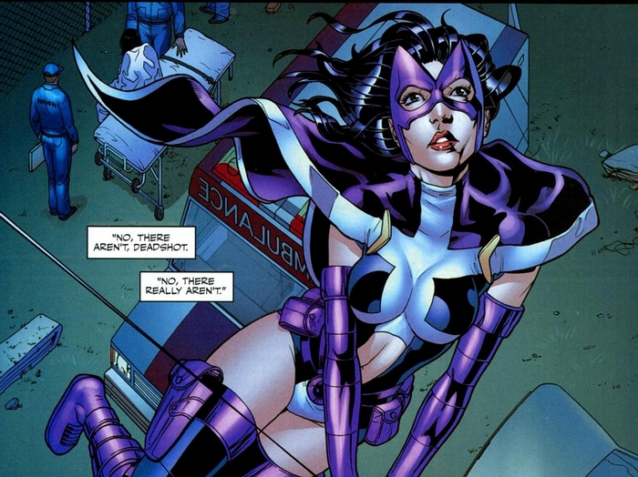 Huntress from DC Comics on an ambulance stretcher