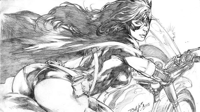 Huntress from DC Comics riding a motorcycle