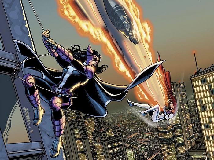 Huntress and Supergirl fighting a jet