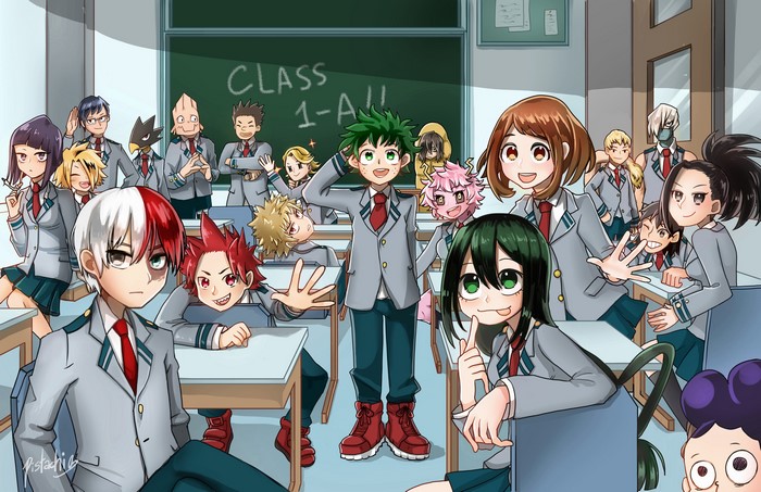 Class 1-A from My Hero Academia in a classroom