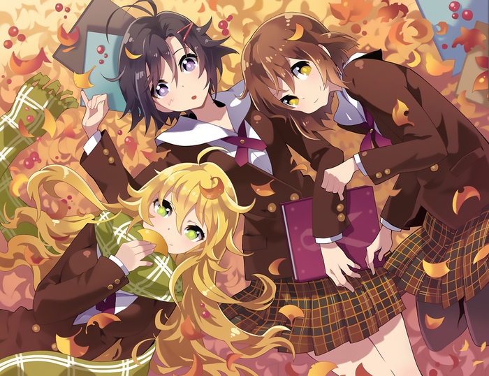 Three anime girls in school uniforms lying on autumn leaves