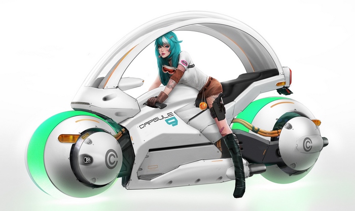 Bulma from Dragon Ball on a futuristic motorcycle