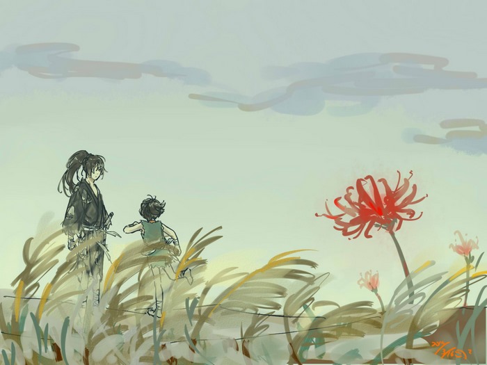 Hyakkimaru and Dororo from Dororo in a field