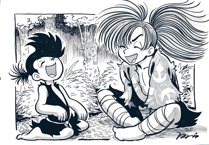 Dororo and Hyakkimaru laughing in a forest