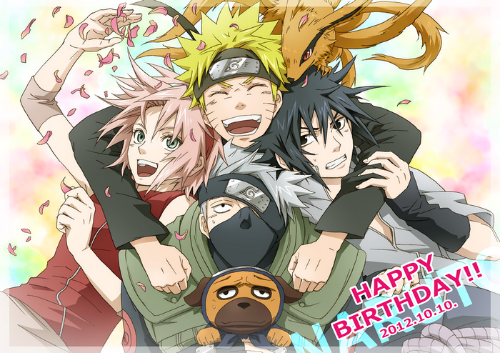 Naruto, Sakura, Sasuke, Kakashi, and Akamaru from Naruto