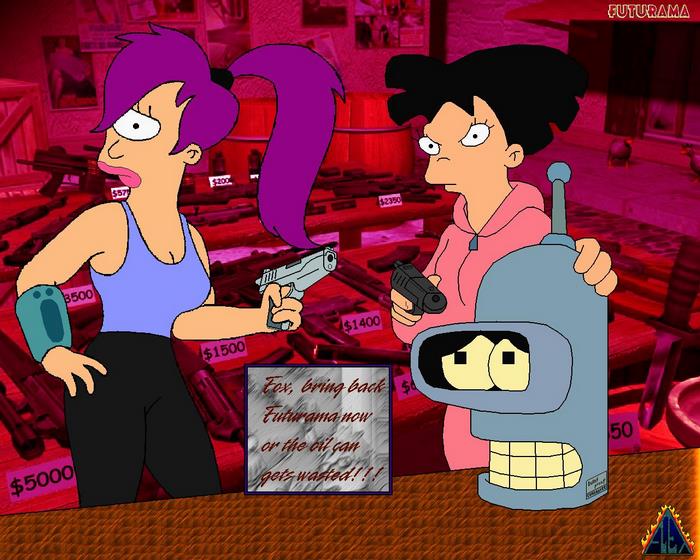 Leela and Amy from Futurama in a gun shop
