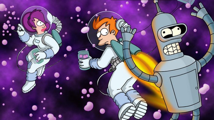 Leela, Fry, and Bender from Futurama in space