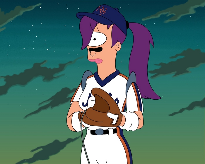 Leela from Futurama in a baseball uniform