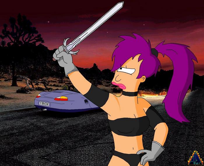 Leela from Futurama with a sword and car