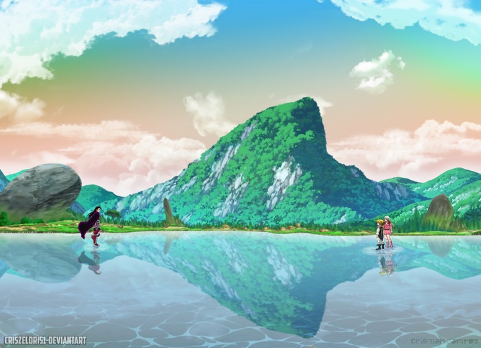 Zeldris and two other characters from The Seven Deadly Sins in a lake