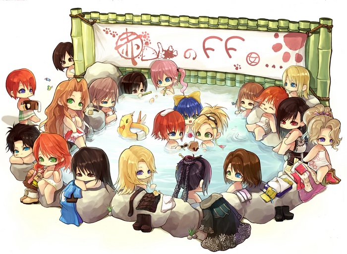 Chibi characters from Final Fantasy in a hot spring