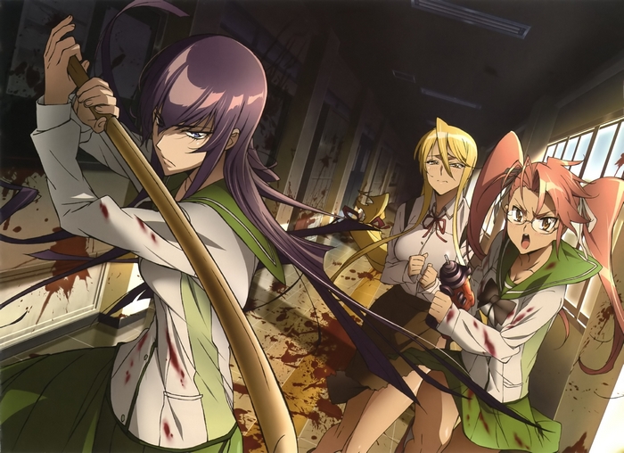 Saeko Busujima and friends in a school hallway