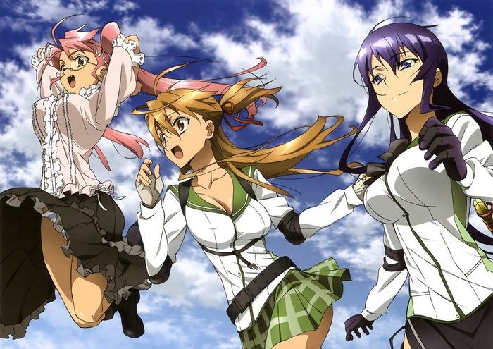 Saeko Busujima and friends running against a cloudy sky