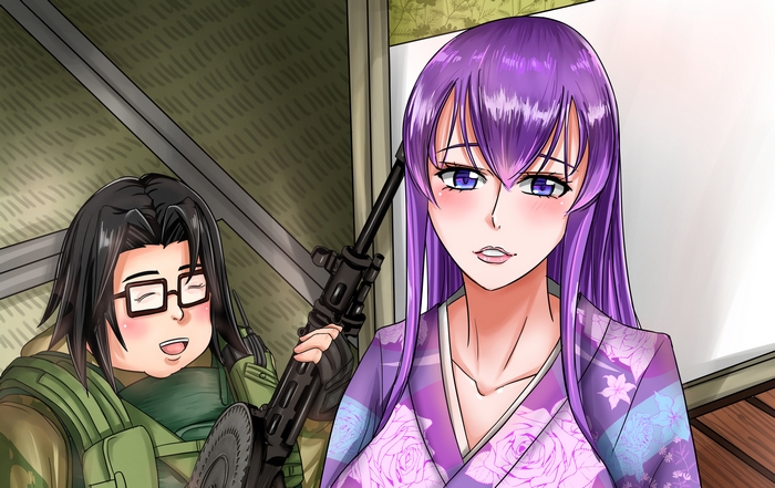 Saeko Busujima with a companion holding a gun