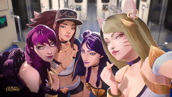 K/DA members taking a selfie on a subway