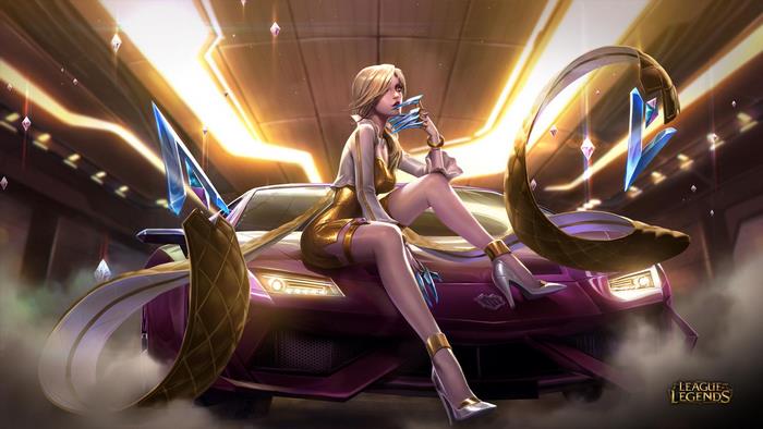 Evelynn from League of Legends with a car