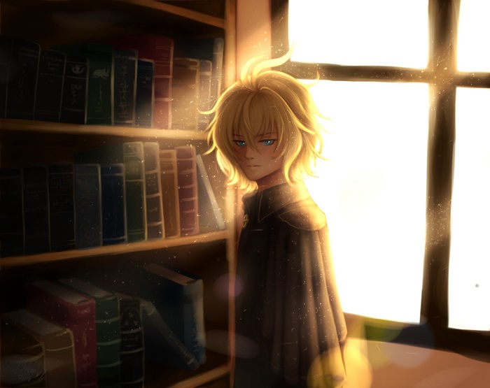 Mikaela Hyakuya in a library