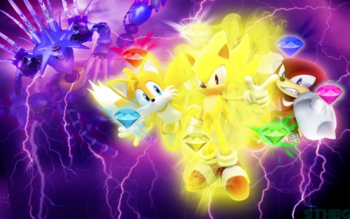 Super Sonic, Tails, and Knuckles with Chaos Emeralds