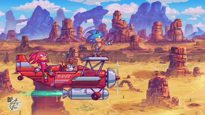 Sonic the Hedgehog characters in a biplane over a desert landscape
