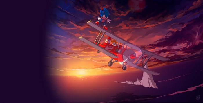 Sonic the Hedgehog and Tails flying a biplane