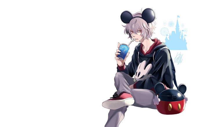 Anime boy with Mickey Mouse ears drinking from a cup