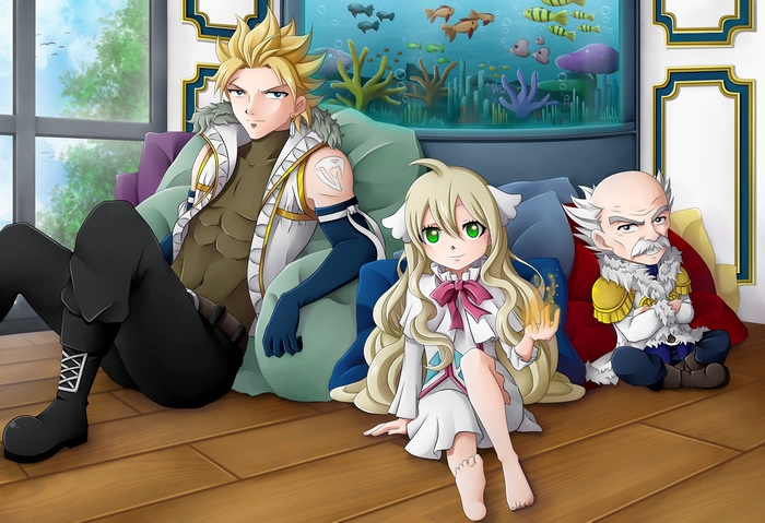 Mavis Vermilion and two men by an aquarium