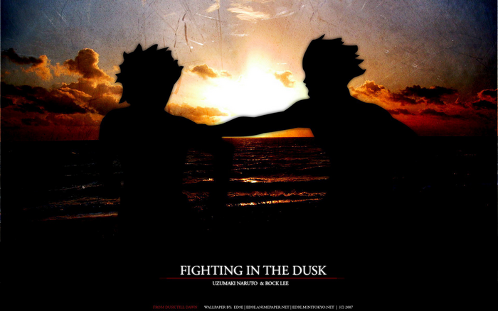 Naruto and Rock Lee fighting at sunset