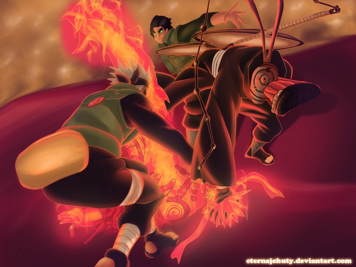 Naruto characters fighting with fire and weapons