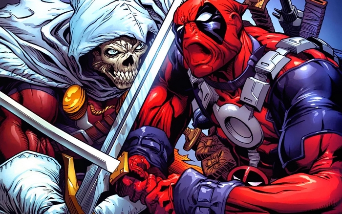 Deadpool and Taskmaster fighting with swords