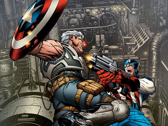 Cable and Captain America fighting in a factory