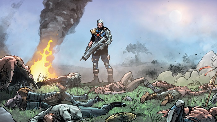 Cable standing over fallen soldiers