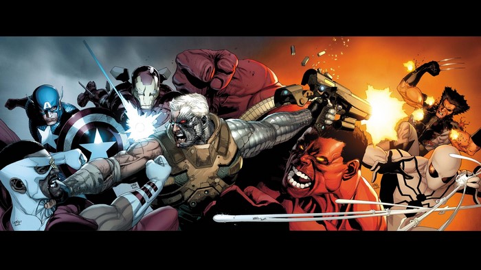Cable and Avengers fighting Red Hulk and Wolverine