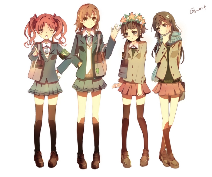 Four anime girls in school uniforms