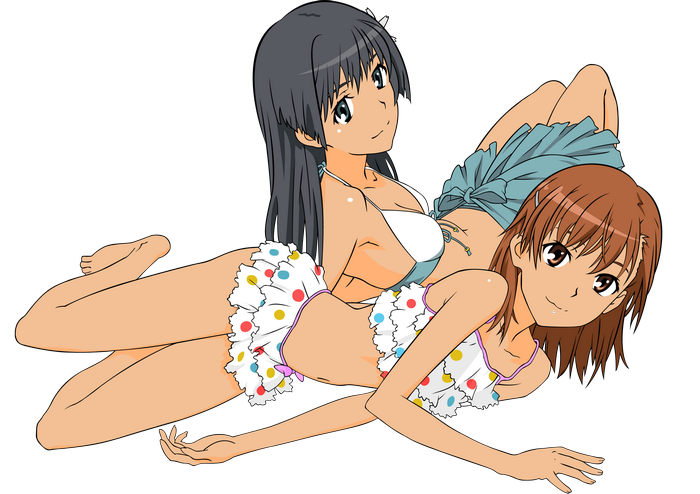 Ruiko Saten and Misaka Mikoto in swimsuits