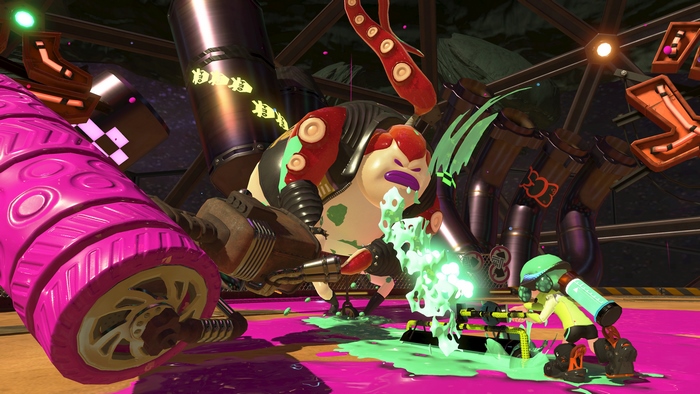 Inkling from Splatoon fighting a large Octarian