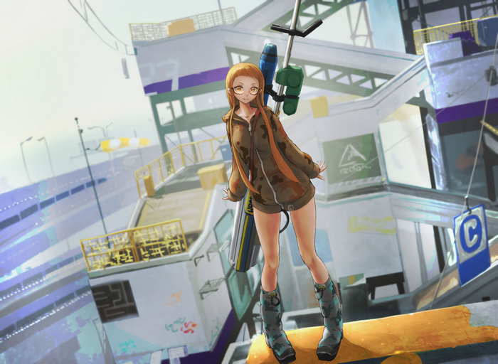 Inkling girl with glasses and weapon in Splatoon arena