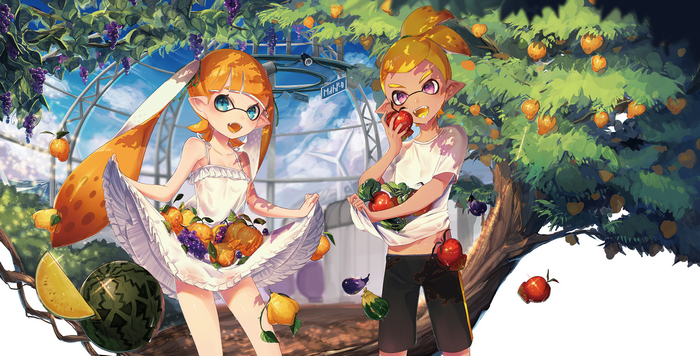 Two Inkling Characters Gathering Fruit in a Vibrant Orchard