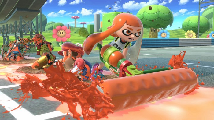 Inkling from Splatoon using a roller in Super Smash Bros.