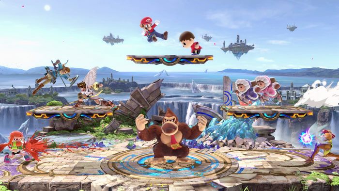 Super Smash Bros. characters on a stage