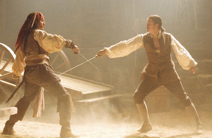 Will Turner and Jack Sparrow sword fighting