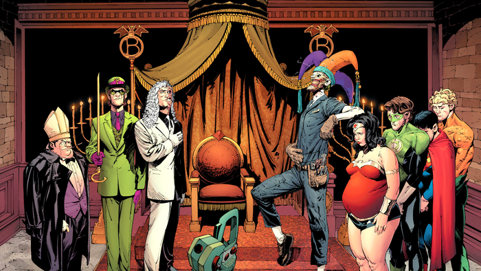 DC Comics Villains and Heroes in a Throne Room